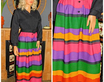 Vintage 70s Black CONTRAST Multicoloured STRIPED Maxi Dress 8 S 1970s Xs Sears Fashions
