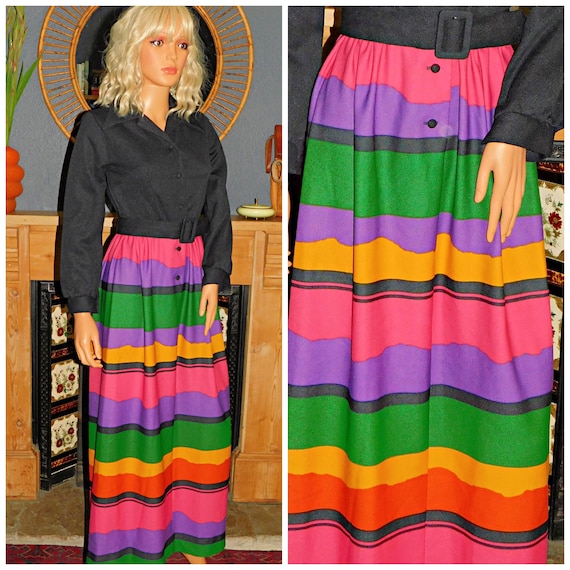 Vintage 70s Black CONTRAST Multicoloured STRIPED Maxi Dress 8 S 1970s Xs Sears Fashions