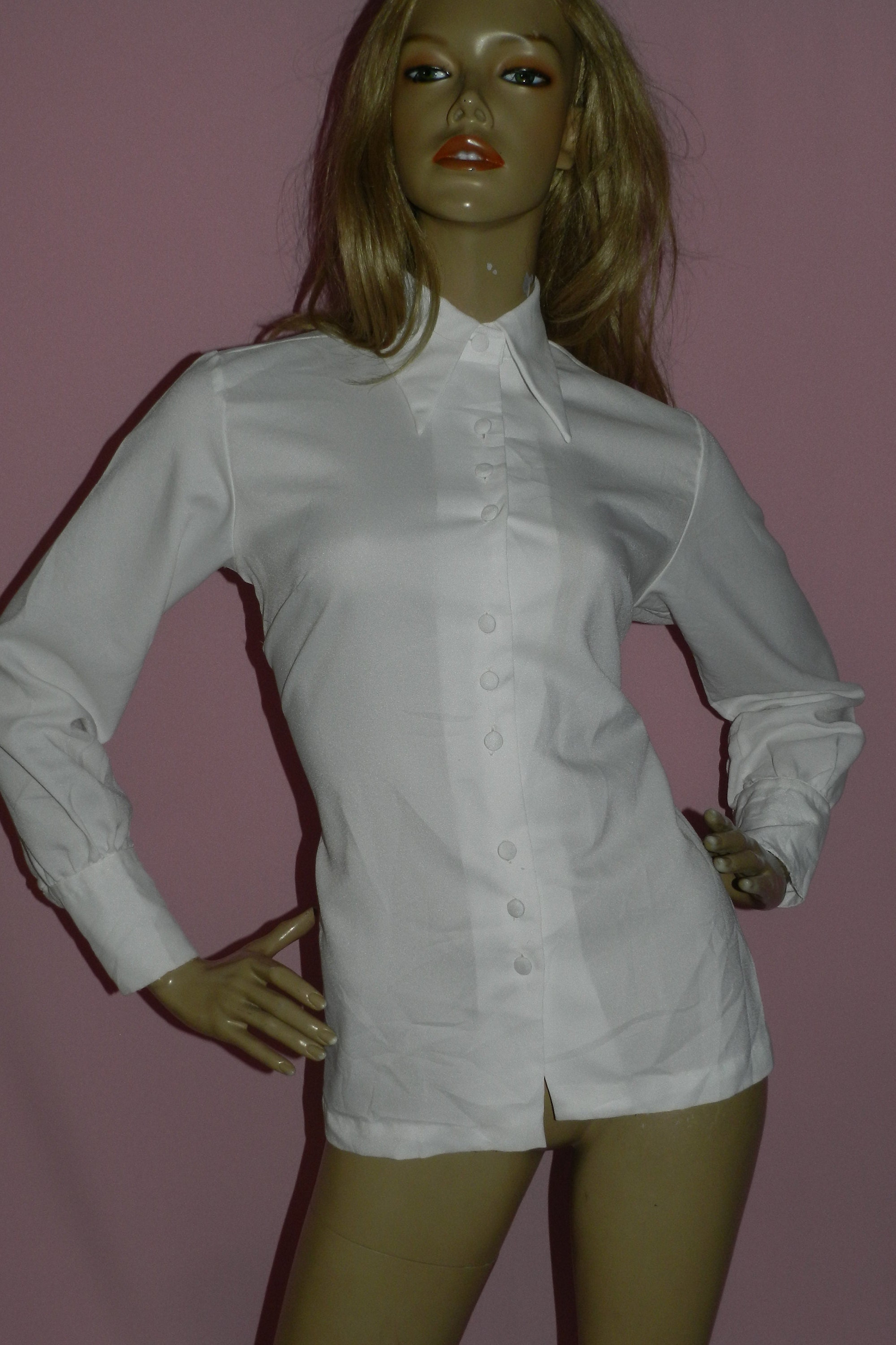 Vintage 70s WHITE DAGGER Collar Deep Cuffs Blouse Shirt 12 14 M 1970s