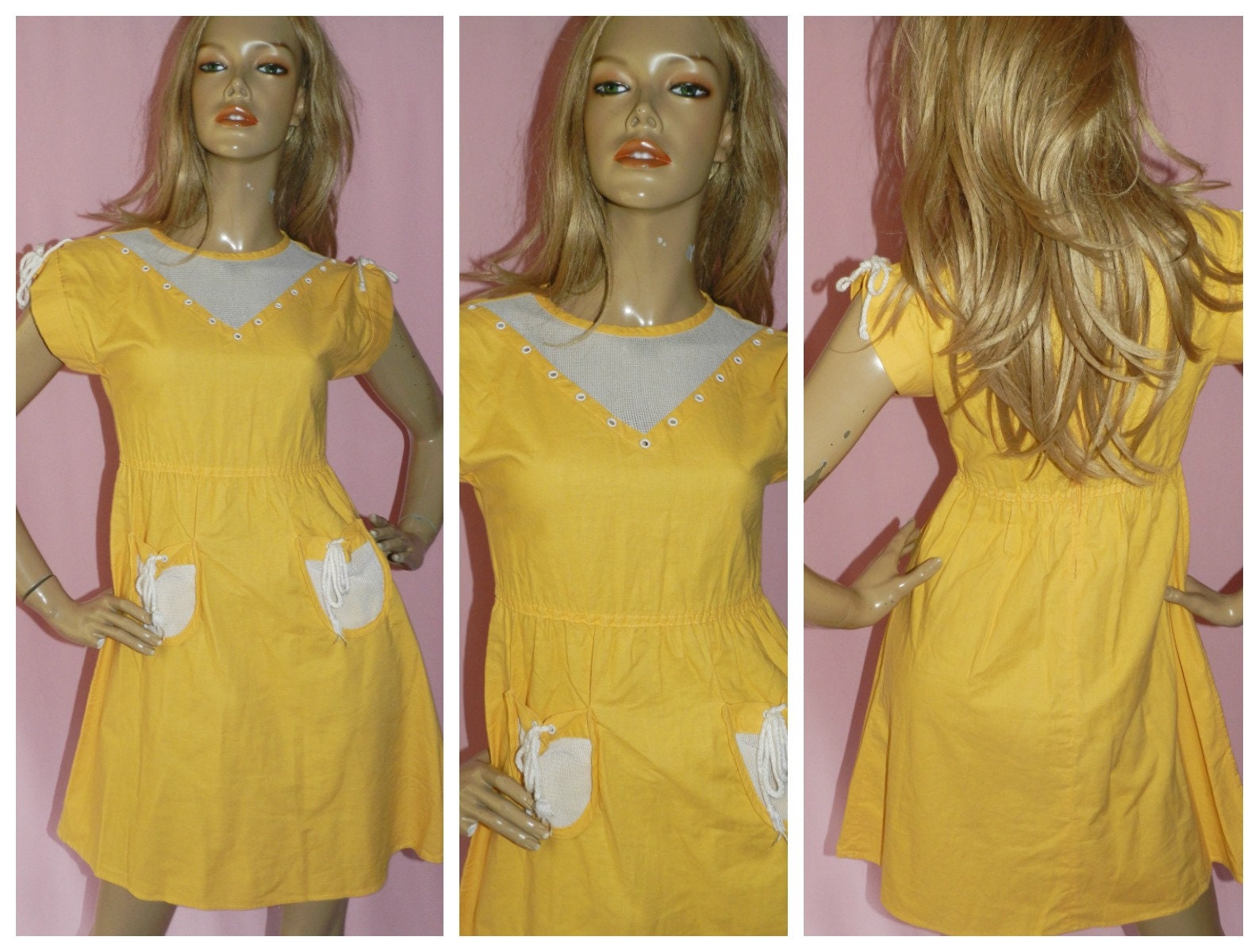 Vintage 80s SUNSHINE YELLOW White Mesh Nu Wave Summer dress 4-6 Xxs Xs ...