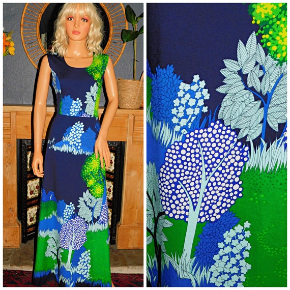 Vintage 70s Blue Green KITSCH Graphic NOVELTY  TREE Print Maxi Dress 12 14 M 1970s Kitsch Psychedelic