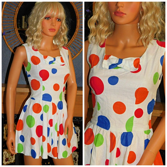 Vintage 50s Multicoloured POLKA DOT BOW Front Mini Tea Dress 8 Xs S 1950s Mid Century Party