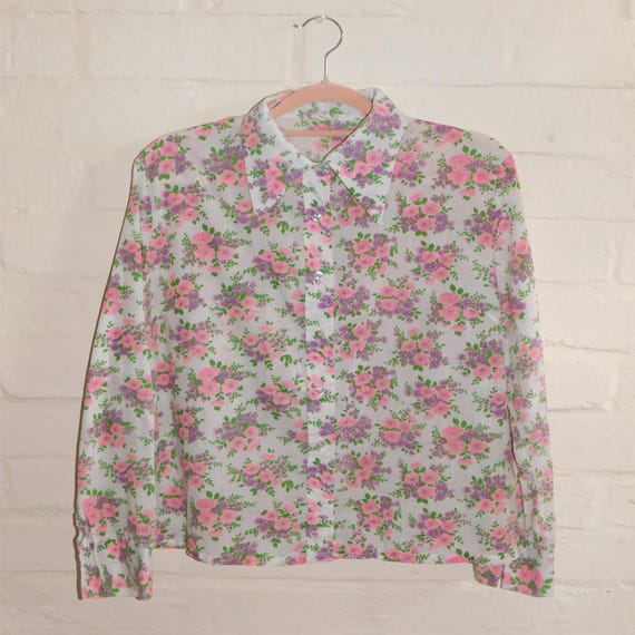 Vintage 70s White Pink Green Purple Floral Print Shirt Blouse 16 18 L 1970s Kitsch