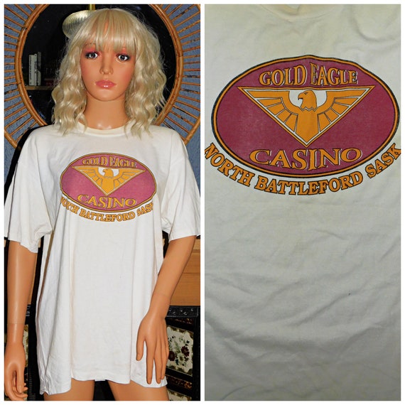 Vintage 90s Cream Soft SINGLE STITCH Golden Eagle CASINO Print T Shirt M L 1990s Unisex Graphic 50 50