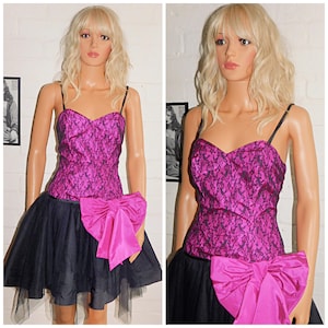 Vintage 80s Black Pink BOW Front Drop Waist Prom Party Dress 10 S 1980s Kitsch Cocktail
