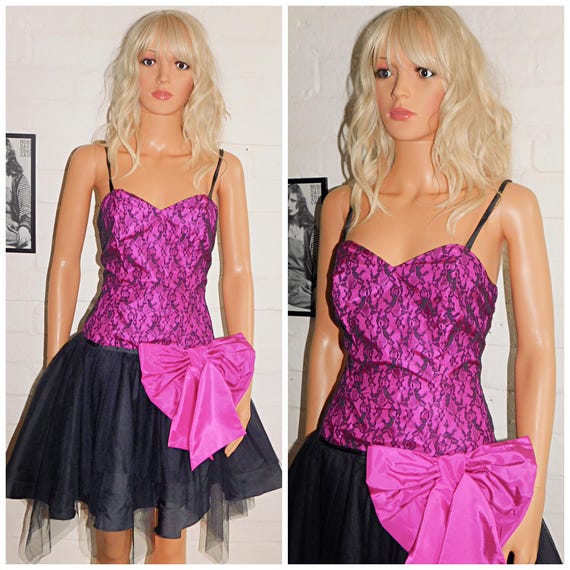 Vintage 80s Black Pink BOW Front Drop Waist Prom Party Dress 10 S 1980s Kitsch Cocktail