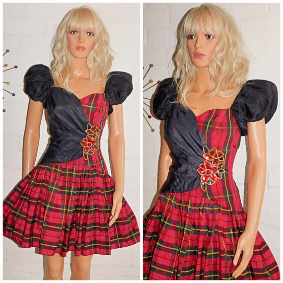 Vintage 80s Black Red TARTAN Check SEQUIN Trim Mini Prom Party Dress 8 10 S 1980s Kitsch Puff Sleeves