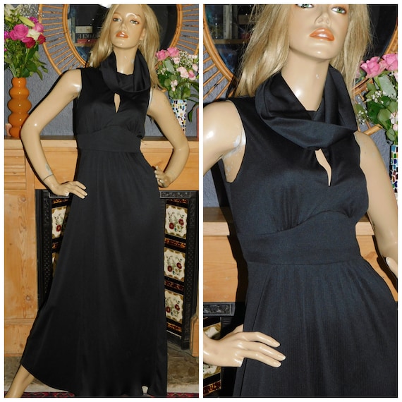 Vintage 70s Black CUTOUT COWL Neck Maxi Disco Dress 8-10 S 1970s Evening Party Extreme