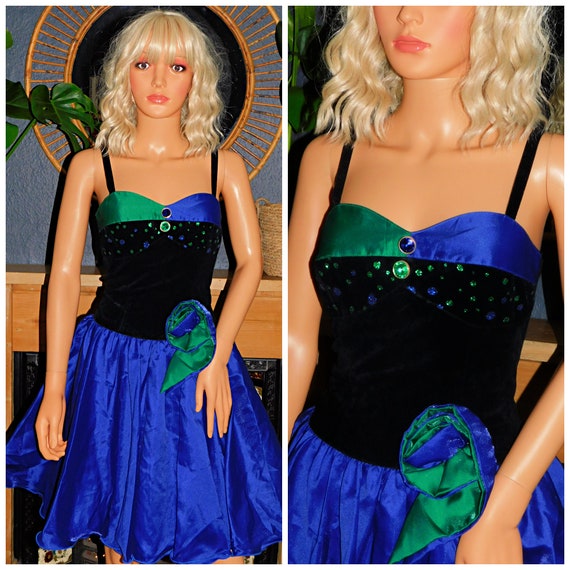 Vintage 80s Blue Green DIAMANTE Prom Party Dress 10 S 1980s Kitsch Avant Garde