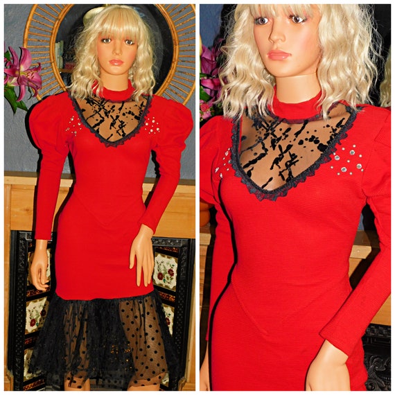 Vintage 80s Trashy Red Black BODY CON EXTREME Avant Garde Party Dress 8-10 S Xs 1980s Prom Cocktail Nu Wave