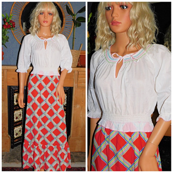 Vintage 70s White Red CONTRAST Check BOHO FOLK Midi Maxi Dress 8-10 S 1970s Hippy Festival