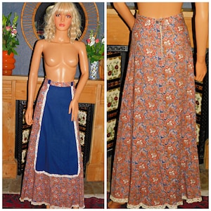 Vintage 70s Multicoloured DITSY Floral PAISLEY Contrast Bohemian Maxi Skirt S 8 XS 1970s Prairie Boho Hippy Hippie Cotton