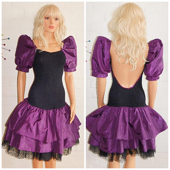 Vintage 1980s Black Purple Drop Waist PUFF Slvd RARA Prom Party Dress 8 Xs S 80s KITSCH Betty Barclay