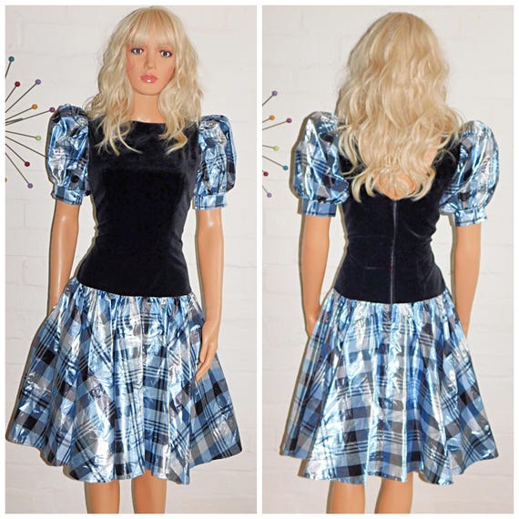 Vintage 80s Black Velvet METALLIC Blue Silver TARTAN Check Prom Party Dress 8 10 S 1980s Kitsch