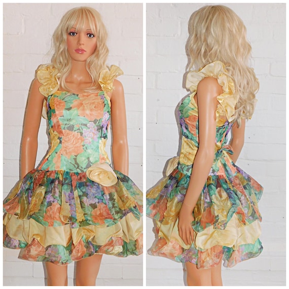 Vintage 80s Yellow Multicoloured FLORAL Drop Waist Mini RUFFLED RaRa Prom Party Dress 6 XXS 1980s Cocktail Kitsch Extreme