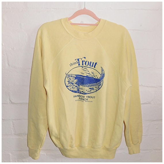 Vintage 80s 90s Yellow Navy RAINBOW TROUT RANCH Sweatshirt S M L 1980s 1990s