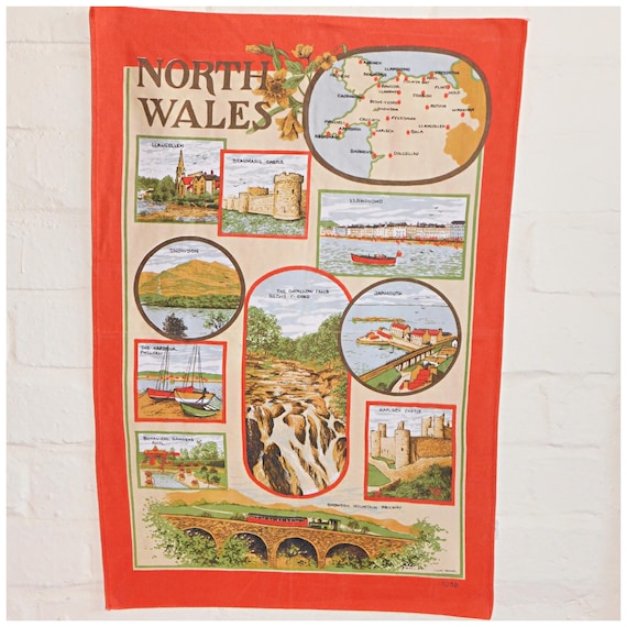 Vintage 70s NORTH WALES Landmarks Cotton Tea Towel