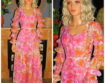 Vintage 70s Pink FLORAL RUFFLED Sleeve Margo Maxi Dress 6 Xs 1970s Kitsch