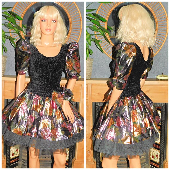 Vintage 80s Black METALLIC Floral BOW Prom Party Dress 8 S Xs 1980s Kitsch Cocktail Avant Garde Puff Slvd Vera Mont
