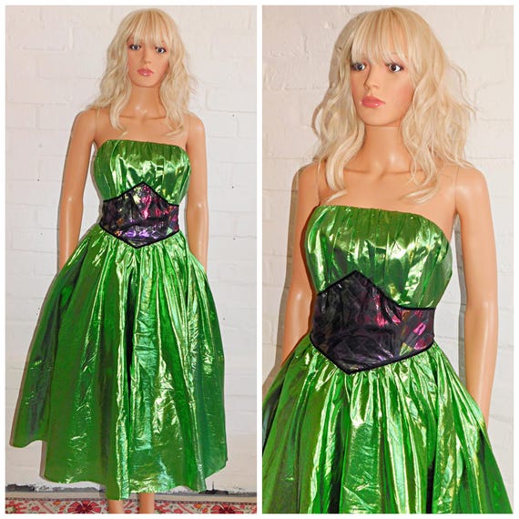 Vintage 80s METALLIC LIME Green Strapless Harlequin Prom Party Dress 10 S 1980s Evening Cocktail Extreme Avant Garde Shelf Bust