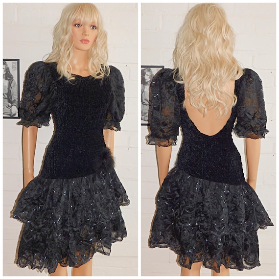 Vintage 1980s Black Velvet Drop Waist PUFF Slvd RARA Prom Party Dress 80s 10 12 S M 80s KITSCH Lace Trim Puffball Halloween