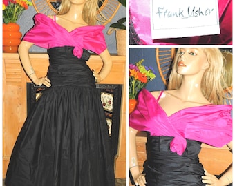 Robe de soirée de bal vintage des années 80 FRANK USHER BUBBLEGUM rose noir avec noeud des années 6-8 des années 80, princesse avant-gardiste
