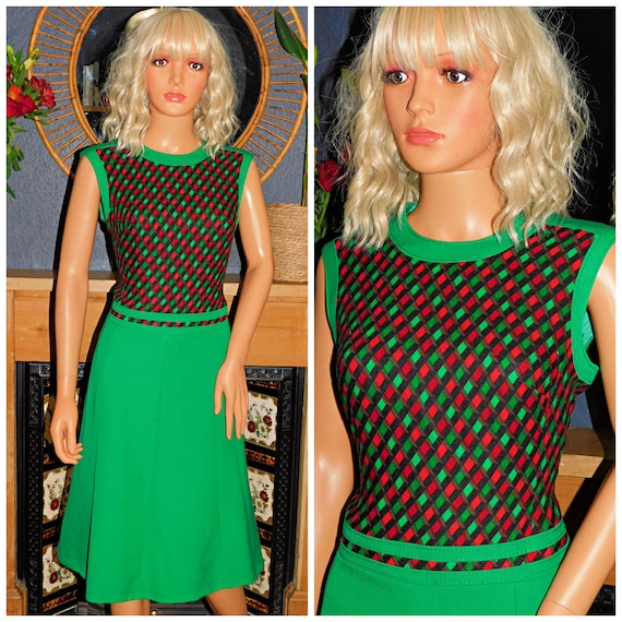 Vintage 60s Green Red Contrast MOD Shift Dress 12-14 M 1960s Modette Scooter