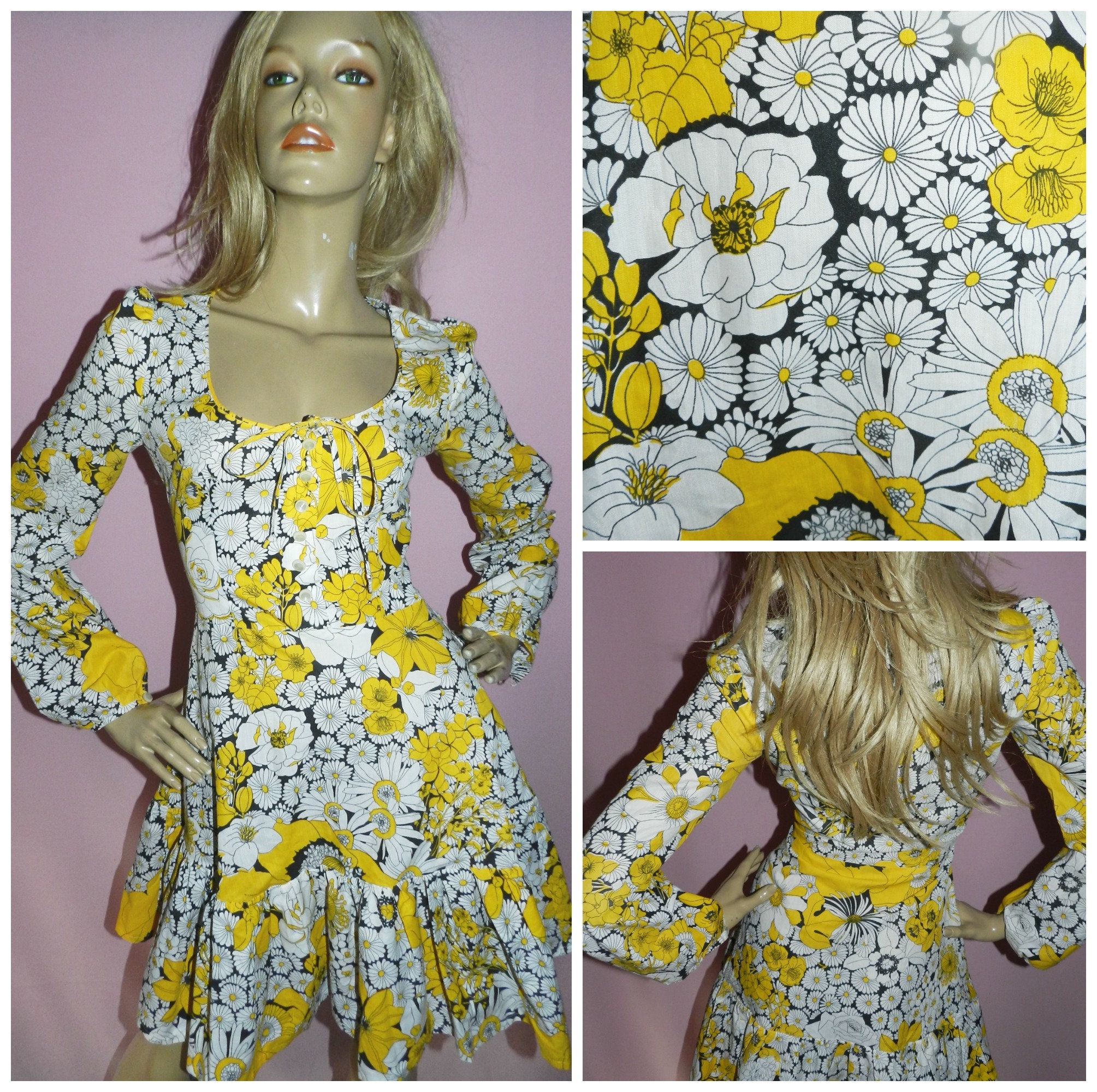 Vintage 60s DAISY Print GOGO MOD Mini Dress 10-12 S M 1960s Dolly ...