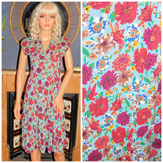 Vintage 30s 40s Multicoloured FLORAL Print Tea dress 6 Xs 1930s 1940s Wartime Ww2