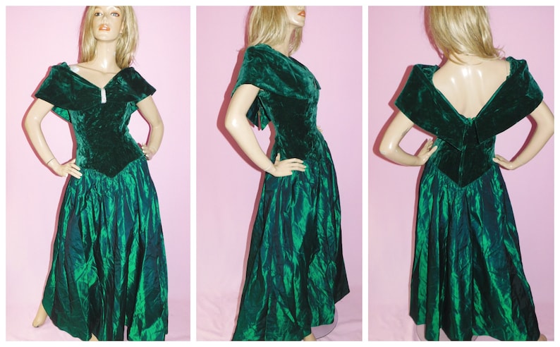Vintage 80s EMERALD GREEN VELVET Maxi Princess Prom Dress 10Uk 6Us S 1980s Party Evening