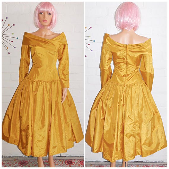 Vintage 80s Yellow Gold PRINCESS Prom Party Dress 6 8 S 1980s Kitsch