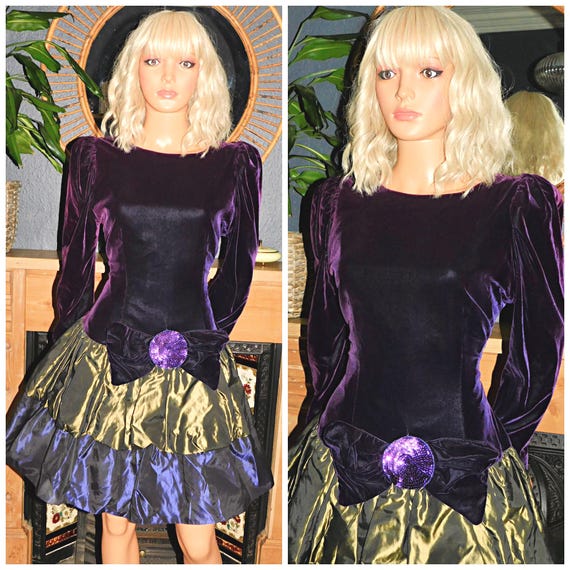 Vintage 80s Khaki Green Purple BOW RARA Prom Party Dress 10 12 S M 1980s Velvet