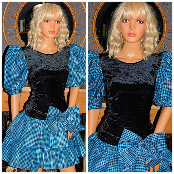 Vintage 80s Black METALLIC Blue Velvet TARTAN Check BOW RaRa Prom Party Dress 12 M 1980s Kitsch Puff Sleeves Mini