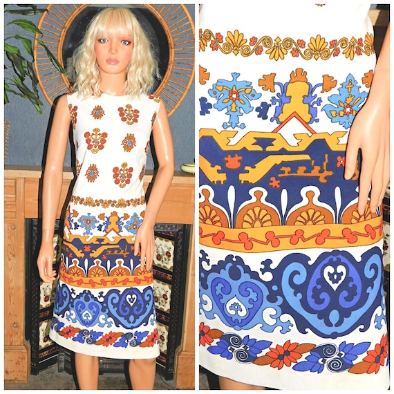 Vintage 60s 70s PSYCHEDELIC Day Dress 14 16 M L 1960s 1970s MOD Cream Yellow Navy