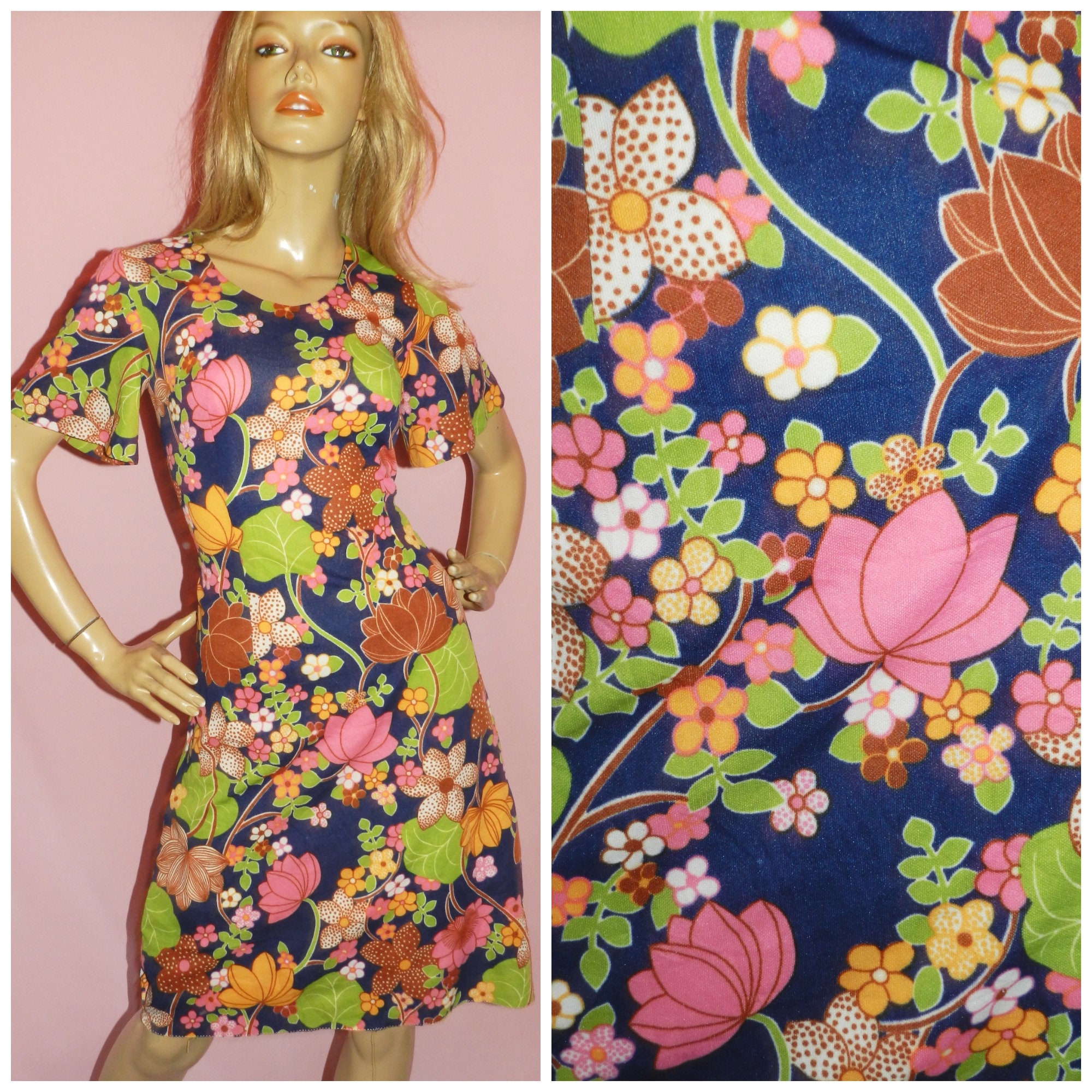 Vintage 60s Multicoloured Floral PSYCHEDELIC MOD SCOOTER Dress 10 S ...