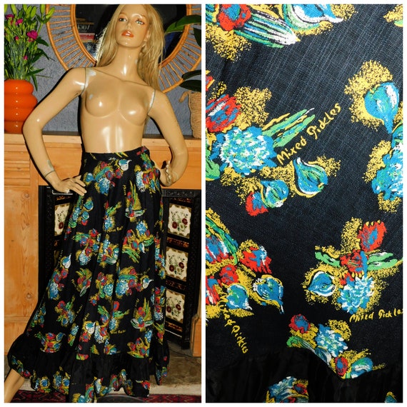 Vintage 50s NOVELTY Mixed PICKLE Print Full Skirt 12 M 1950s Mid Century Kitsch