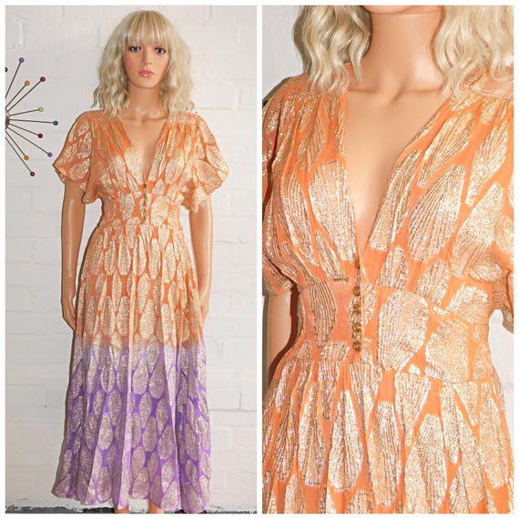 Vintage 90s BOHEMIAN Orange Purple METALLIC GOLD Floaty Summer Dress 10 12 14 S M 1990s Holiday Hippy