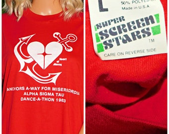 Camiseta vintage de los años 80, suave, de punto único, de los años 80, DANCE A THON, talla M, L, 1983, unisex, roja, con gráficos finos, superpantalla, estrellas, talla 50/50