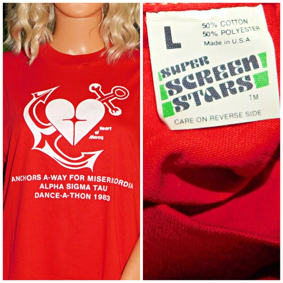 Vintage 80s Soft SINGLE Stitch 1980s DANCE A THON T shirt M L 1983 Red Unisex Graphic Thin Super Screen Stars 50 50