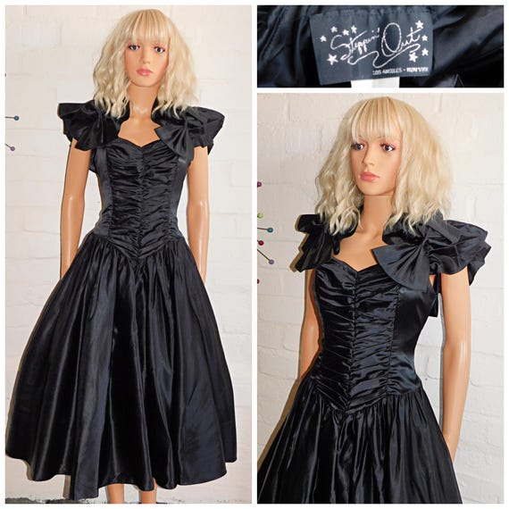 Vintage 80s AVANT GARDE Extreme Black Ruffled BOW Gothic Princess Prom Party Dress 10 S 1980s Kitsch