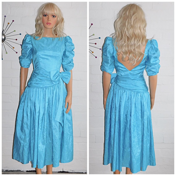 Vintage 80s Turquoise PRINCESS BOW Prom Party Dress 8 Xs S 1980s Evening Cocktail Bridesmaid Wedding