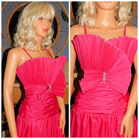 Vintage 80s BUBBLEGUM Pink ORIGAMI Ruched Prom Pa… - image 7