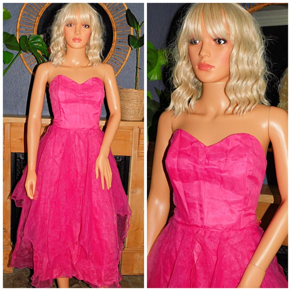 Vintage 80s BUBBLEGUM Pink Net TULLE Prom Party Dress 8 S 1980s Kitsch FAIRY Princess