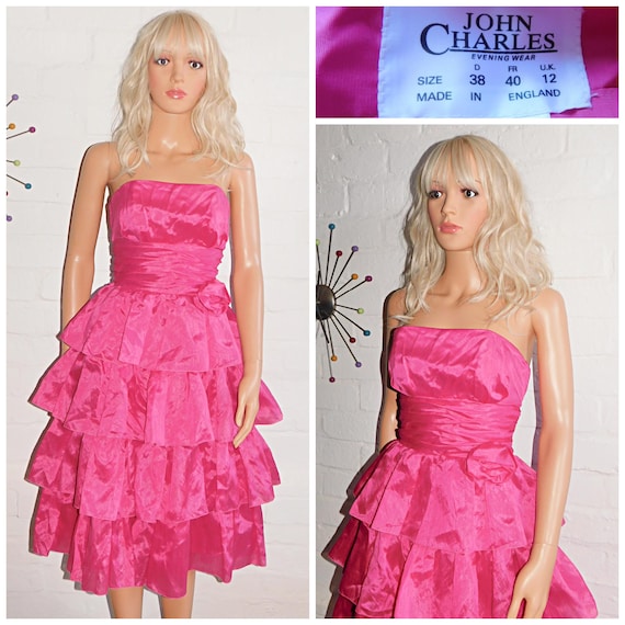 Vintage 80s BUBBLEGUM Pink Strapless Ruffled RaRa PRINCESS PROM Party Dress 8 10 S 1980s John Charles