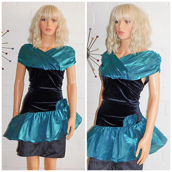 Vintage 80s Black Green PEPLUM PROM Party Dress 14 16 M L 1980s Kitsch Cocktail Velvet