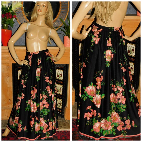 Vintage 70s Black Green Pink ORCHID Floral Print Contrast Border ART NOUVEAU Maxi Skirt 6 Xs Xxs 1970s