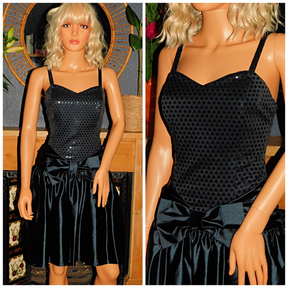 Vintage 80s Black SHINY Polka Dot BOW Front Prom Party Dress 12 14 M 1980s Cocktail Kitsch Detatchable Straps