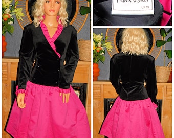 Vintage 80s FRANK USHER Bubblegum PINK Black Cocktail Dress 16 L 1980s Prom Party Ruffled Extreme Avant Garde