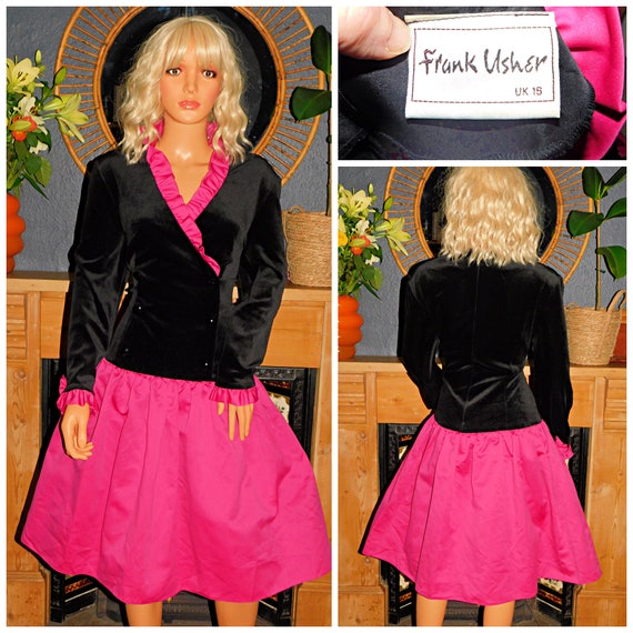 Vintage 80s FRANK USHER Bubblegum PINK Black Cocktail Dress 16 L 1980s Prom Party Ruffled Extreme Avant Garde