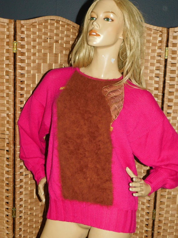 Vintage 80er CERISE PINK Applikation Trim Slouchy Kitsch Pullover Pullover  S M 1980er Trashy Flauschig